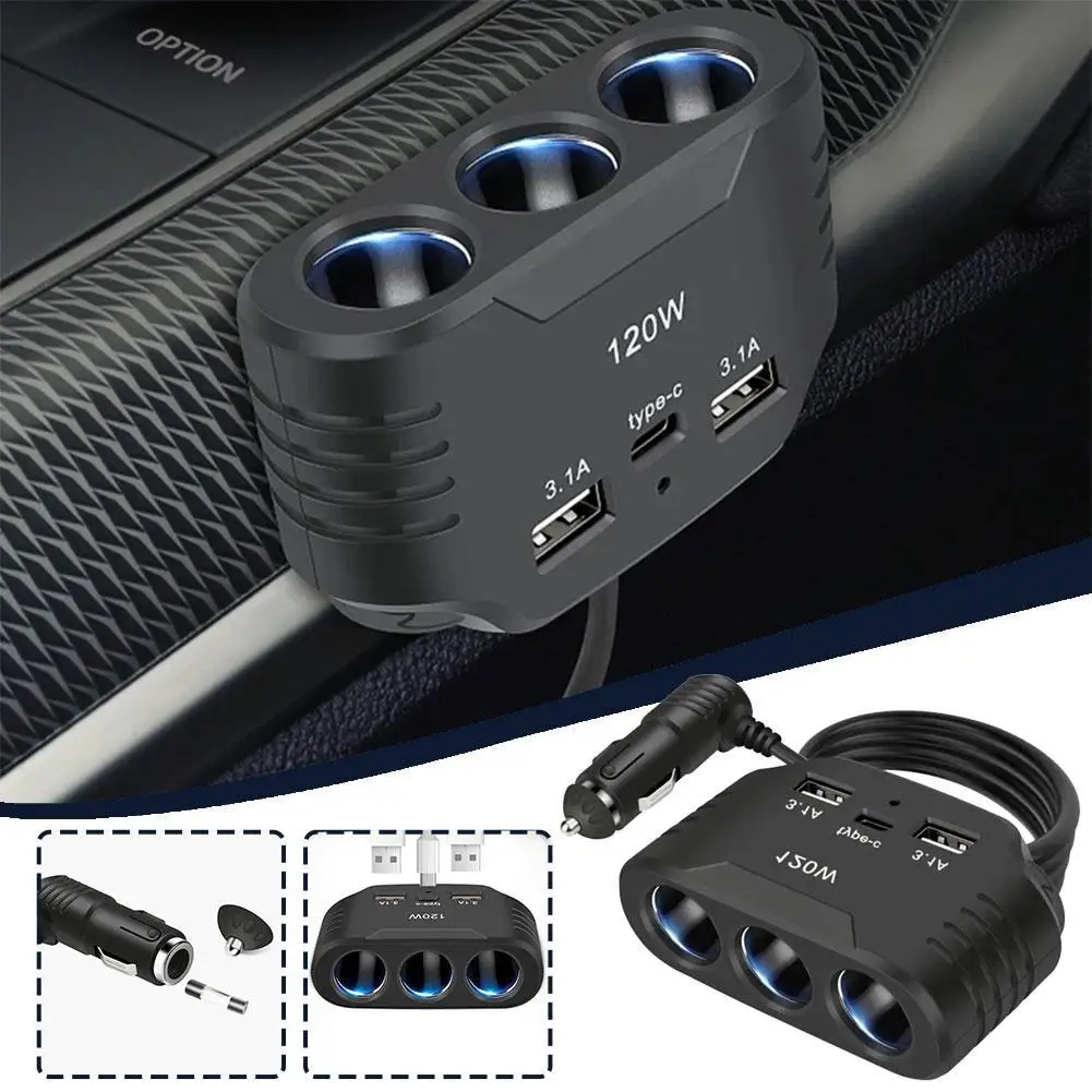 

120W Car Cigarette Lighter Splitter 3 in 1 Dual USB Socket Fast Car Charger Plug Phone Power Adapter for Car DVR GPS Dashcam