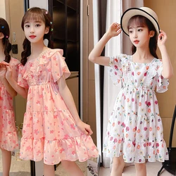 2023 New Summer Flower Full Print Elegant Princess Dresses For Girls Birthday Present Teen Children Clothing 3 4 6 8 10 12 Years