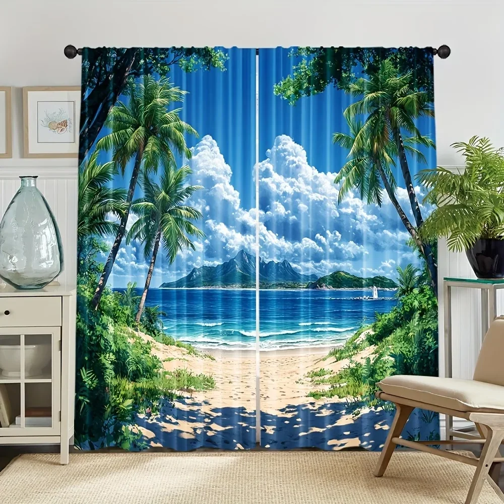 2PCS Digital Printed Curtains, Sandy Beach Palm Tree Tropical Summer, Window Treatments for Living Room Bedroom Home Decoration