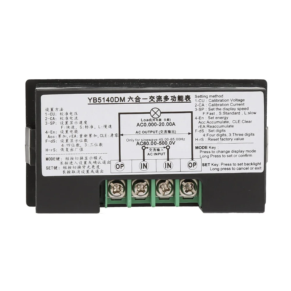 YB5140DM Multifunction Digital AC Voltmeter/Ammeter 60V-500V 0A-20A Power Meter Frequency Power Factor Power Factor Energy Meter