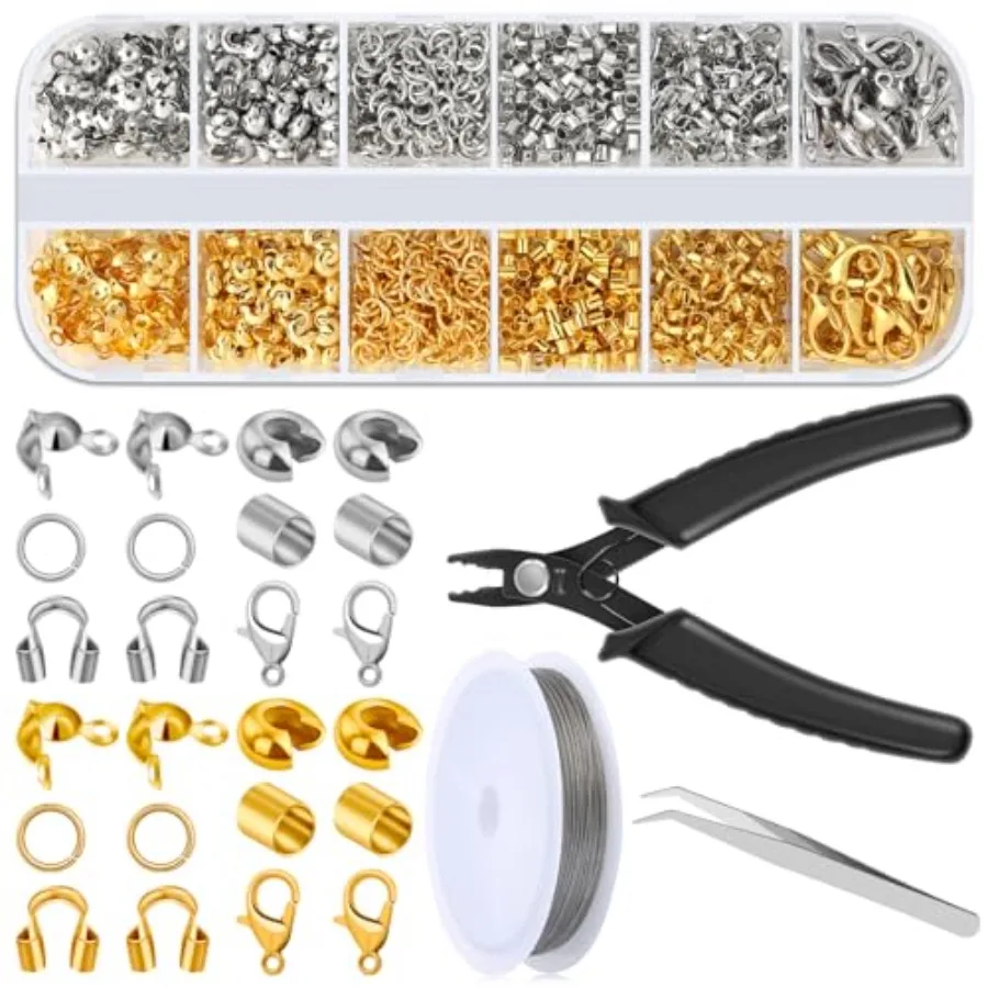 

1200 Pcs Crimp Beads Supplies for Jewelry Making, Including Crimp Covers, Crimp Tubes and Wire Guardians, Lobster Clasps, Jump