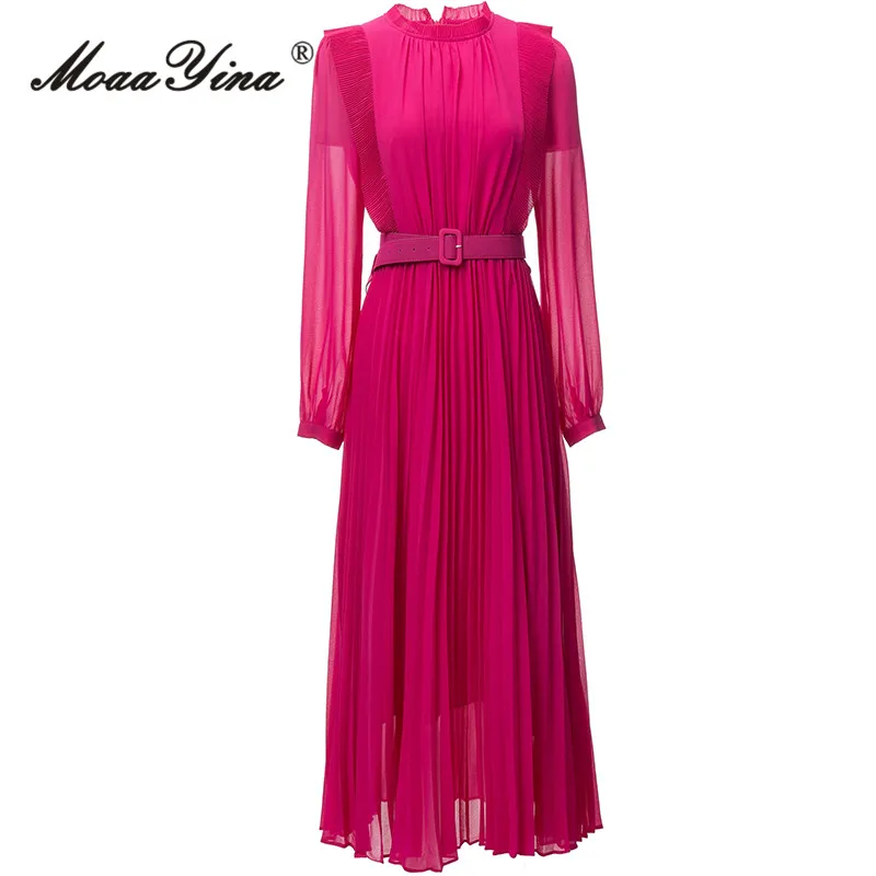 

MoaaYina Autumn Fashion Designer Black Vintage Pleated Dress Women Lantern Sleeve Ruffles Sashes Gathered Waist Slim Long Dress