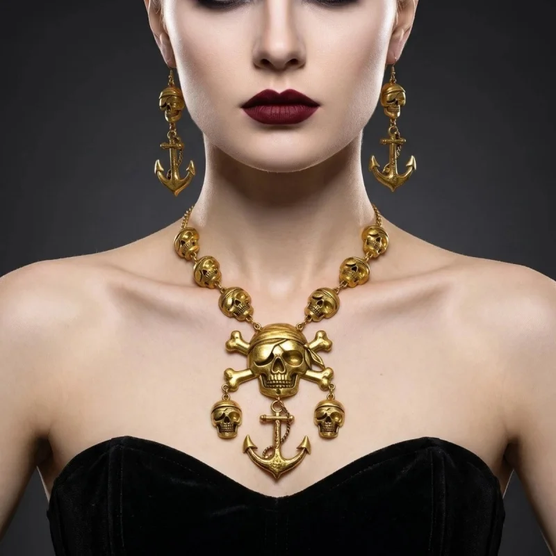 Conjunto de Joyer&iacute;a G&oacute;tica Punk con Calavera Pirata, Aretes Colgantes de Metal Vintage, Collar para Mujer, Accesorios de Disfraz para Halloween y Fiestas de Cosplay