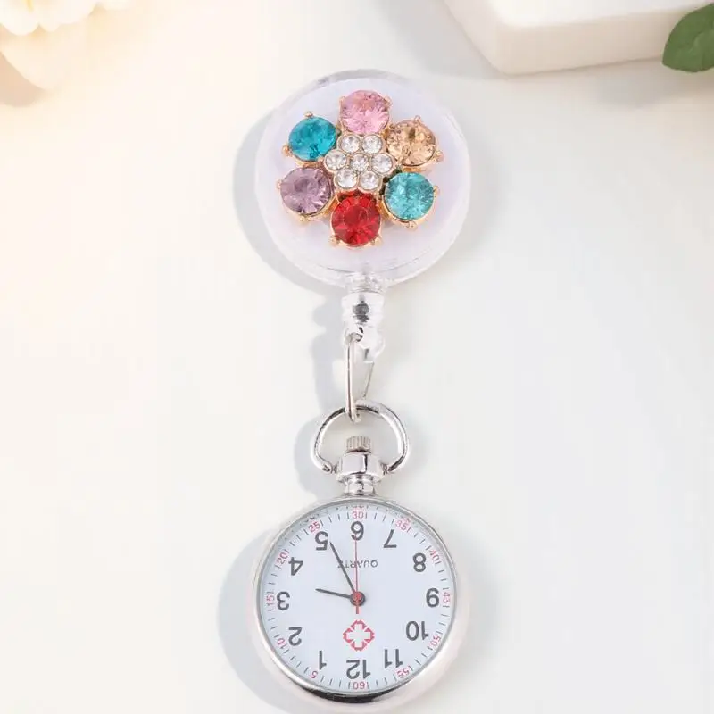 

1Pcs Doctor Nurse Pocket Watch with Flower Shaped Rhinestone Decor Premium Material Pin Style Fob Watch for
