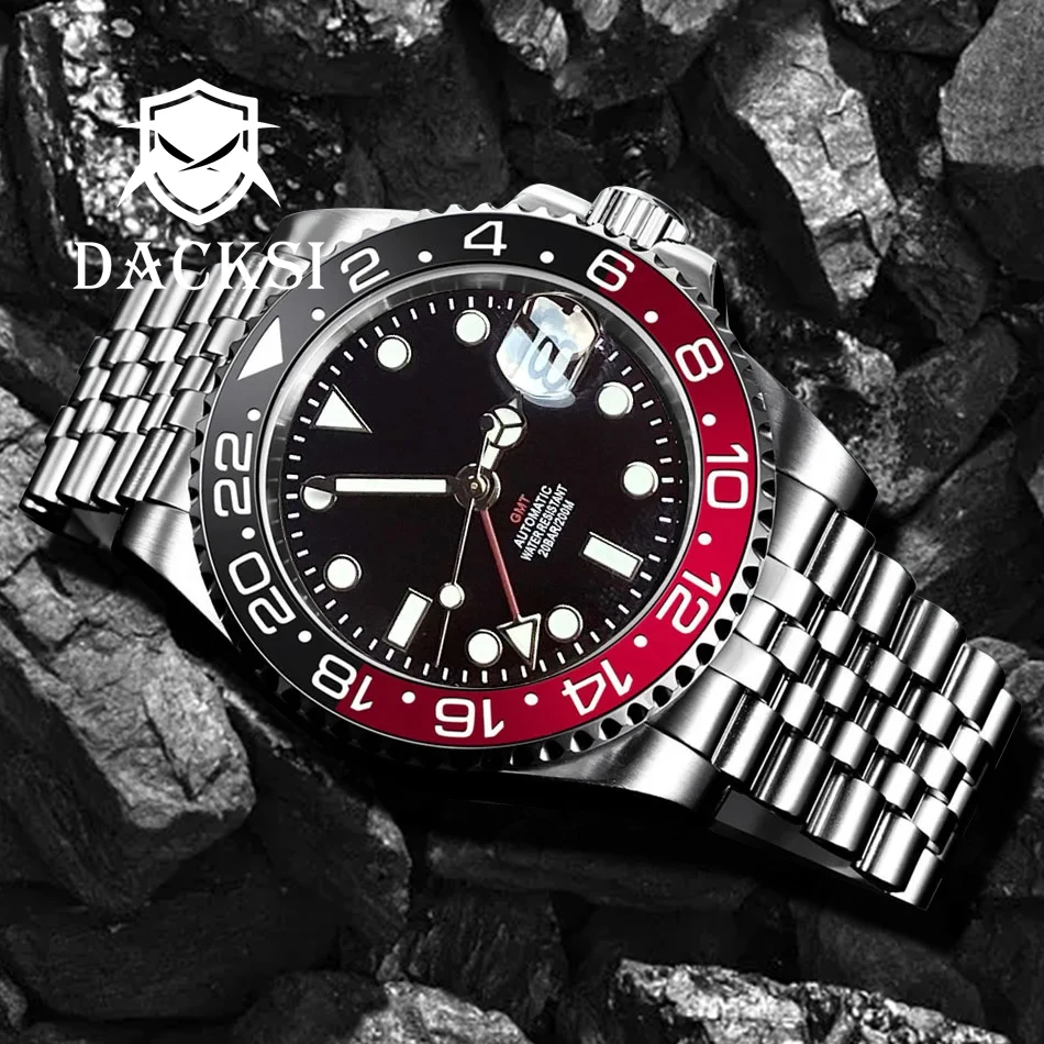 

DACKSI NH34A GMT 200 M Waterproof Automatic Wrist Watches for Men 120 Clicks Rotating Bezel Sapphire Glass Auto Date Screw Crown