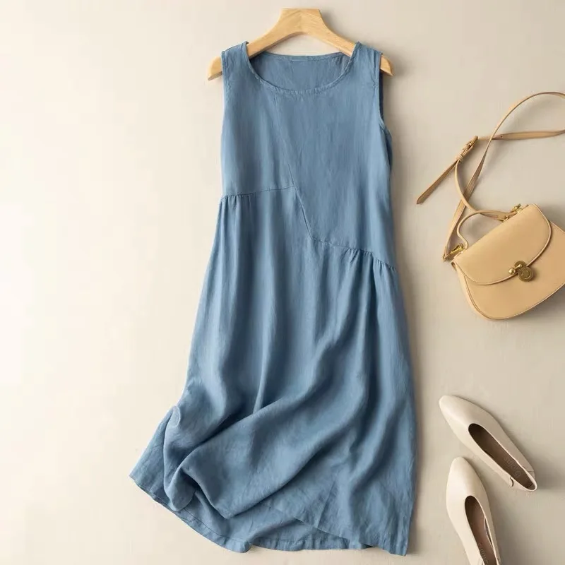 3-Colours Cotton Linen Tank Dress Woman Loose Round Neck Midi Beach Dresses Retro Casual Streetwear Women’s Summer Sundress Lady