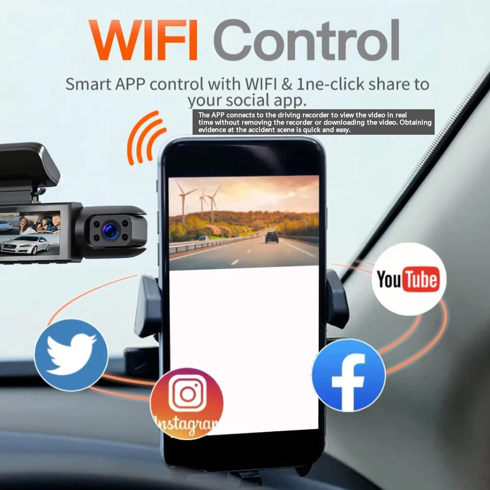 Cámara de salpicadero con cámara Dual WIFI de 1080P para coches, frontal e interior, cámara para coche con visión nocturna IR, grabación en bucle,