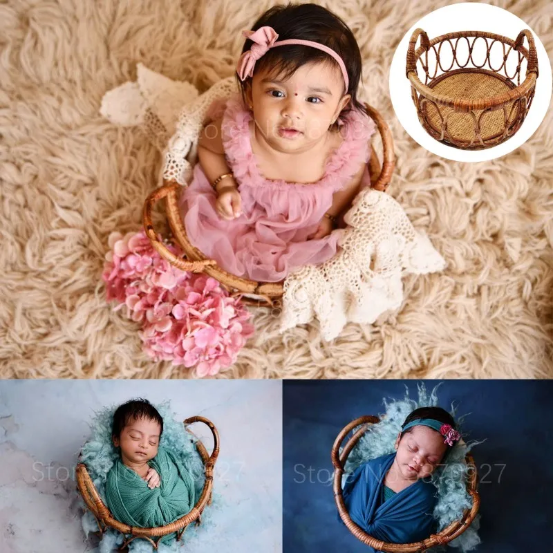 

Newborn Photography Props Retro Rattan Basket Chair Infant Photo Recien Baby Girl Boy Posing Bed Background Baby Milestone Props