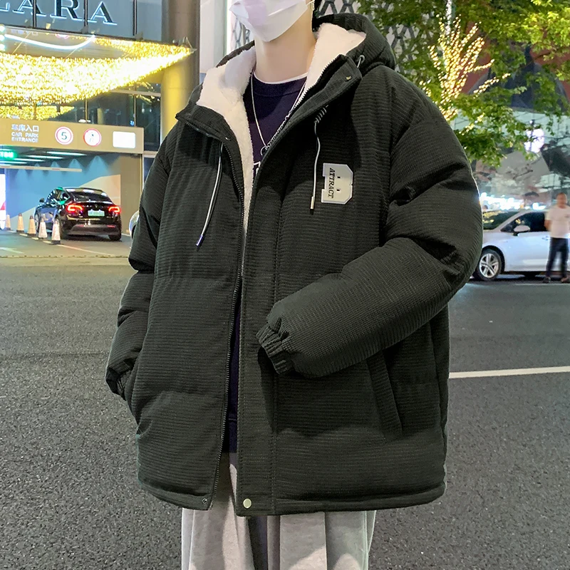 2025 Autumn Winter Men's Khaki Caramel Color Lamb Wool Cotton Jacket Black Green Fleece Lined Thickened Warm Hooded Coat