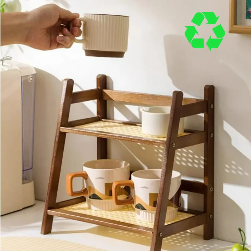 

Countertop Organizer 2 Layer Coffee Cup Holder Multipurpose Bamboo Storage Shelf for Hotel Apartment Dressing Table Kitchen Home