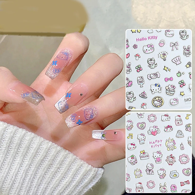 1 Sheet Sanrio Hello Kitty 3D Nail Stickers Press On Nails Cartoon Kuromi Cinnamoroll Stickers Nail Art Decoration