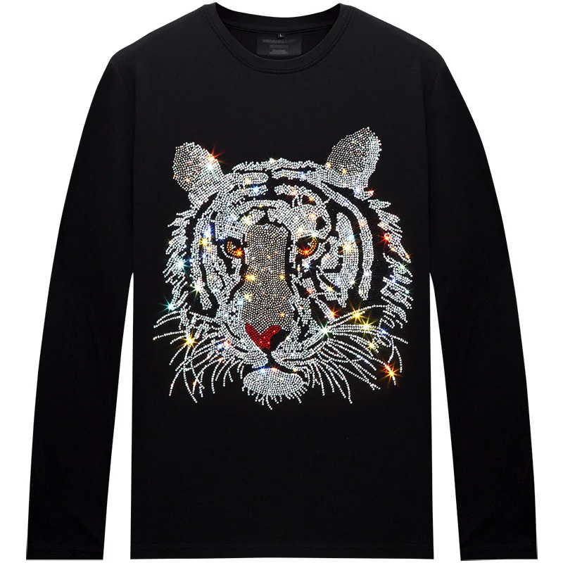 2023 Tiger Head Rhinestones T Shirts Men Fashion Streetwear O Neck Long Sleeve Slim Modal Cotton Casual T-shirts Plus Size 6XL