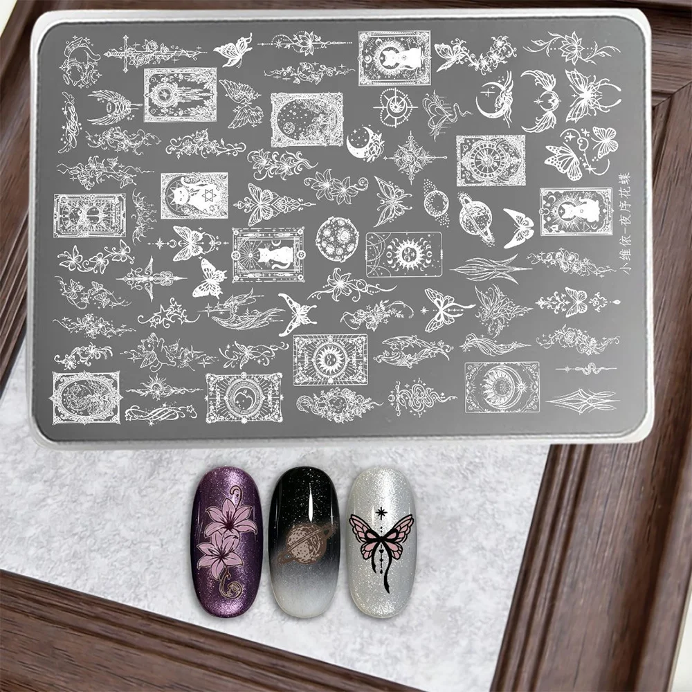Retro Dark Tarot Butterfly Flower Nail Stamping Plate, Stainless Steel Reusable Nail Art Image Template DIY Nail Design 15*10cm
