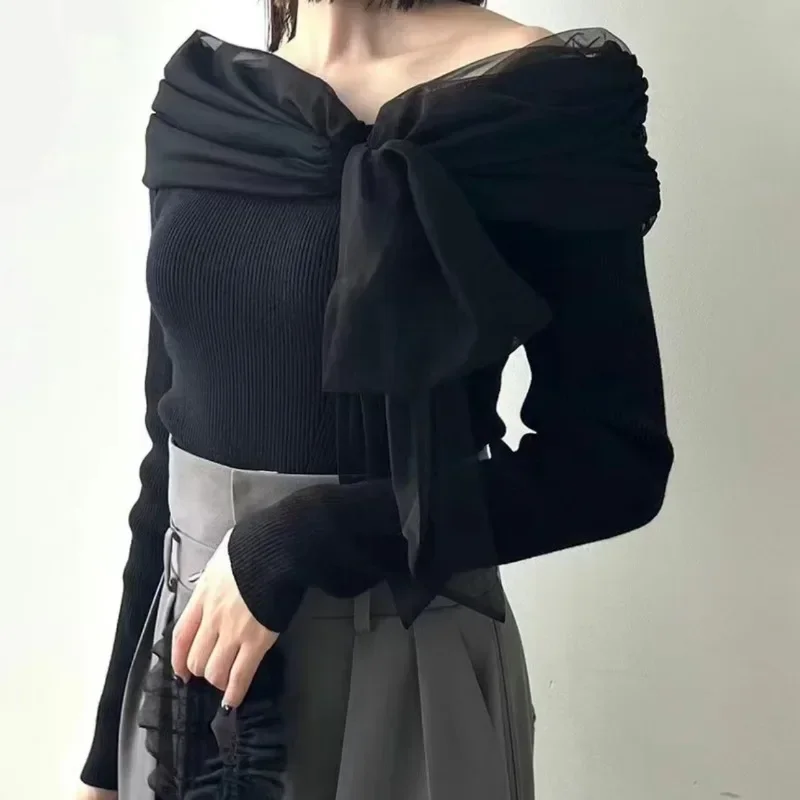 LACE-up Bow Ropa Mujer Elegantถัก 2024 เสื้อกันหนาวผู้หญิงญี่ปุ่นแขนยาวOuterwearsฤดูใบไม้ร่วงเสื้อผ้าผู้หญิงหวานPullovers