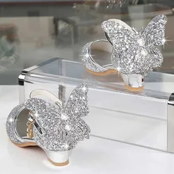 Chaussures de princesse en cuir pour filles, sandales à talons hauts pour enfants, paillettes, nœud papillon, robe, fête de banquet