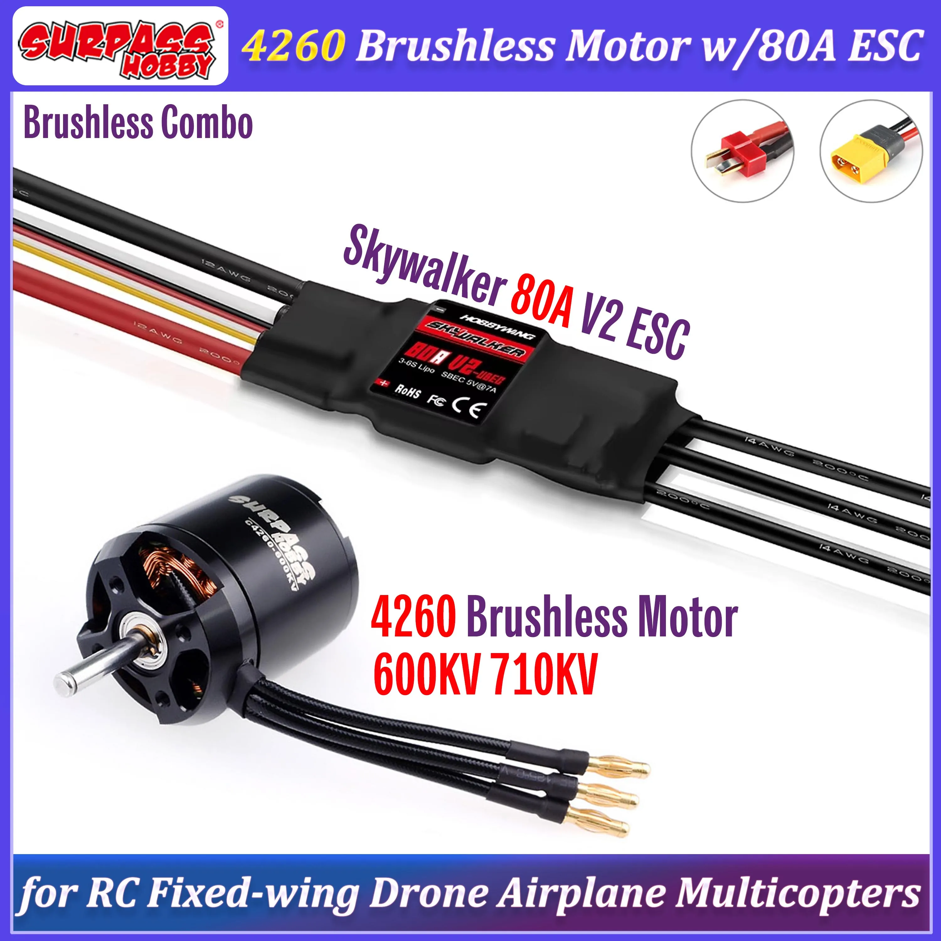 

Surpass Hobby 4260 800KV 600KV Brushless Motor Skywalker 80A V2 ESC Combo for RC Fixed-wing Drone Plane Multicopters Helicopter