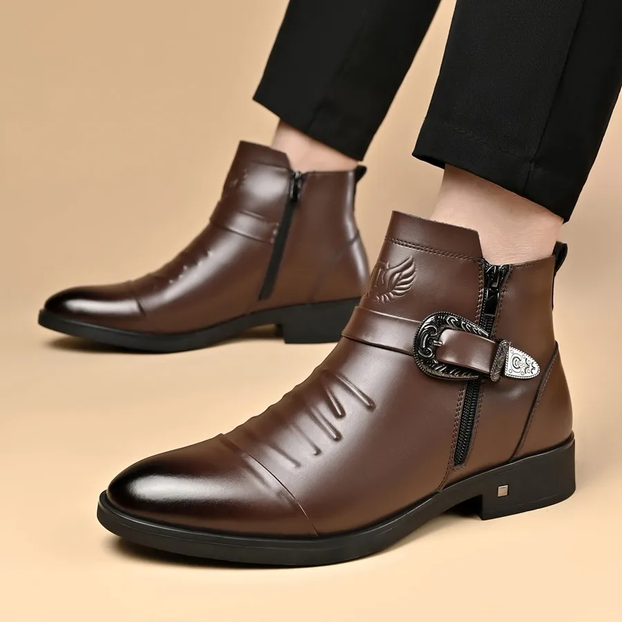Herren PU-Stiefeletten mit seitlichem Reißverschluss, runder Zehenpartie, kurze Stiefel für den täglichen und lässigen Gebrauch – Detail 10
