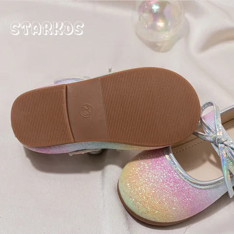 Bling Радужные блестящие балетки Детские балетки с круглым носком и галстуком-бабочкой на липучке Балетки на плоской подошве для девочек вечерние платья для сцены Лоферы