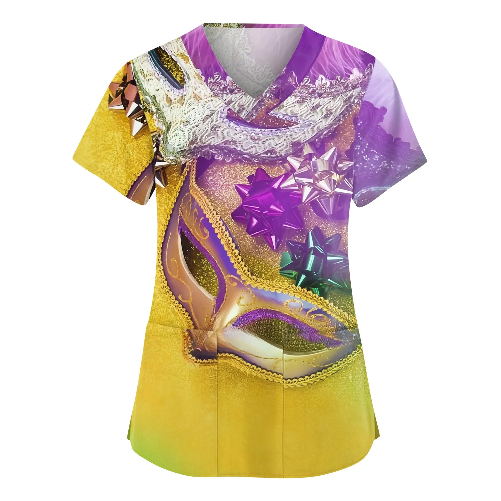 Vêtements de travail de protection imprimés de carnaval, col en v, manches courtes, poche latérale, fente latérale, haut à la mode pour dames