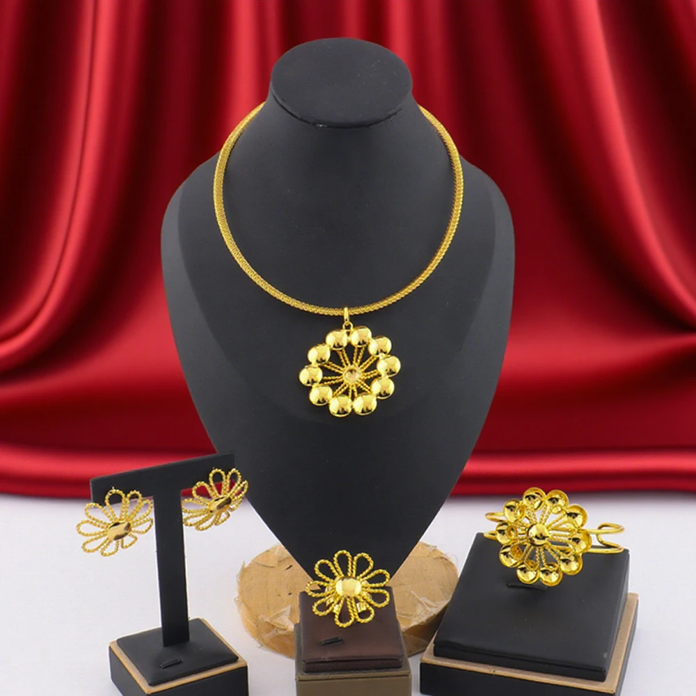 

New Trendy Gold Plated Jewelry Set For Dubai Women Gold Color Necklace Earrings Bracelet And Ring Jewelry Set