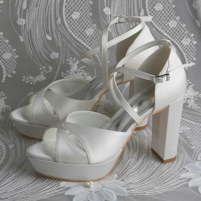 Wedopus 23 Colors Beige Block Heeled Sandal with Ankle Strap Wedding Shoes Bridal Platform 10.5CM Heel