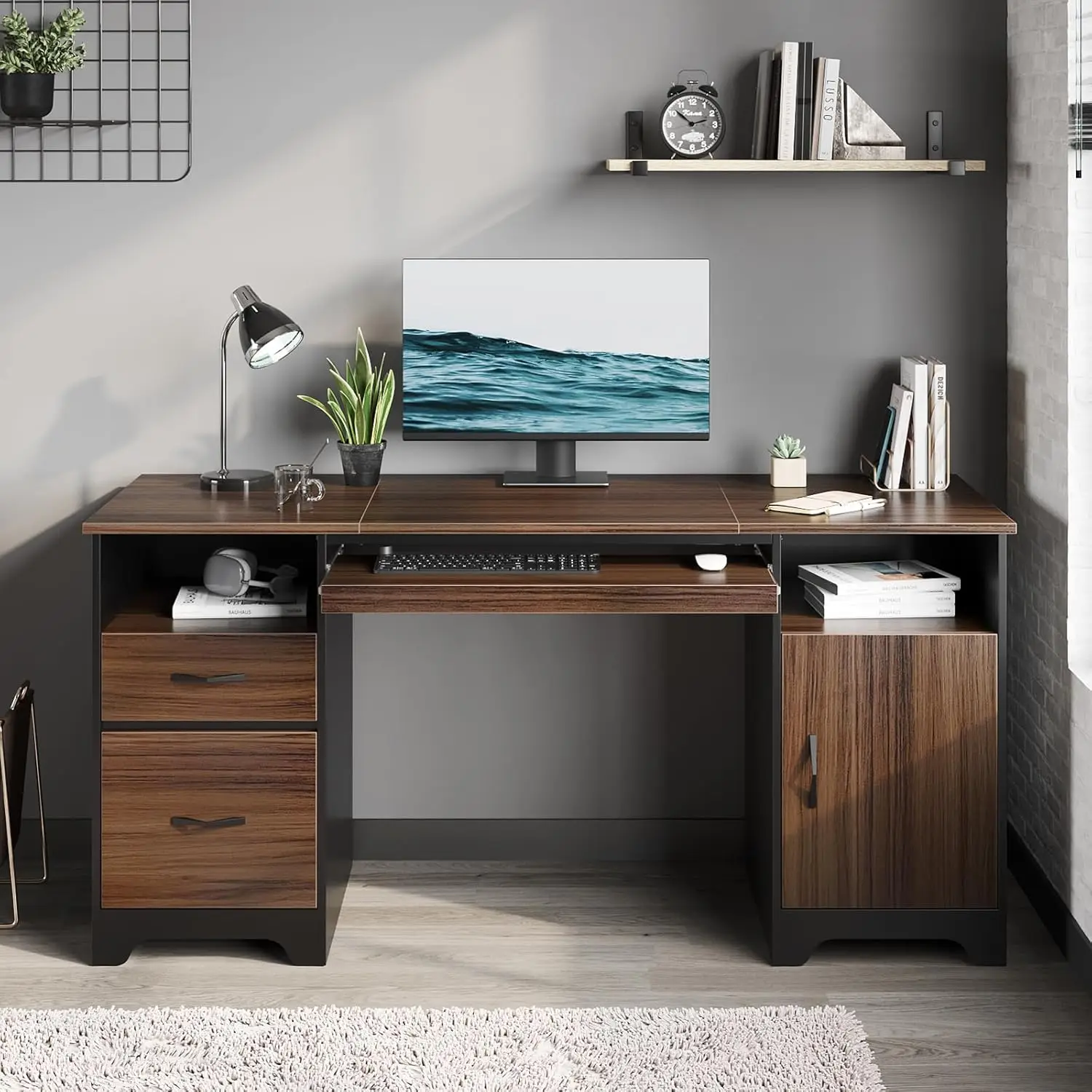 Bestier 59” Executive Desk with 2 Drawers, Computer Desk with Storage Cabinet, Industrial Wood Desk with File Drawer, Keyboard T