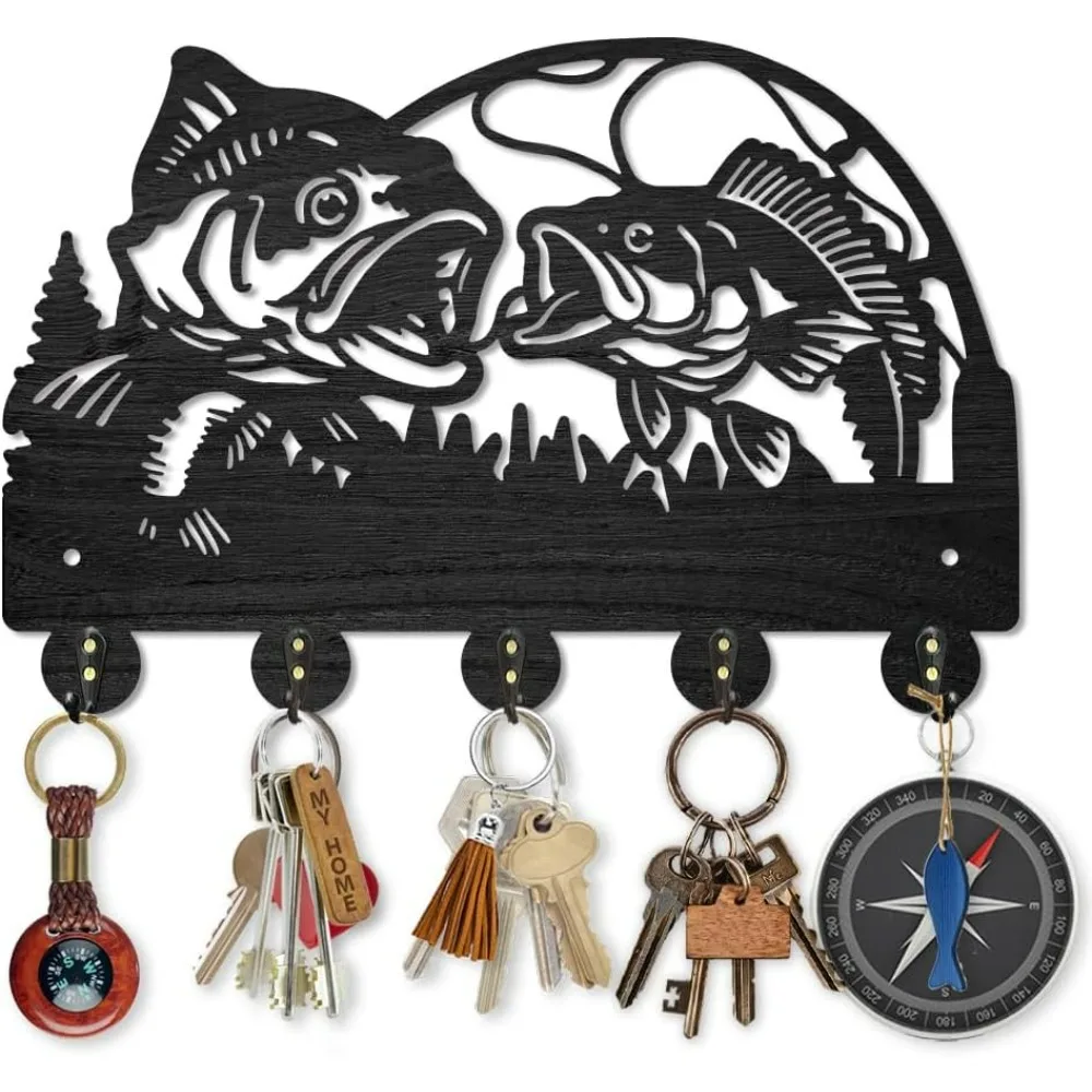 Wooden Fish Coat Hooks Wall Mount Fishing Rod Lake Key Holder 11.8×7.9inch Summer Gone Fishing Tree Key Hook Rack with 5 Alloy