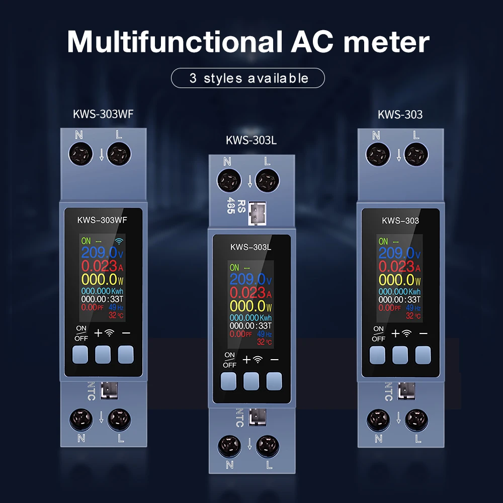 8 in1 Energy Meter KWS-303 AC Meter Color Screen Voltage Current Power Meter Smart Timer Switch Two-phase Din Rail Metering