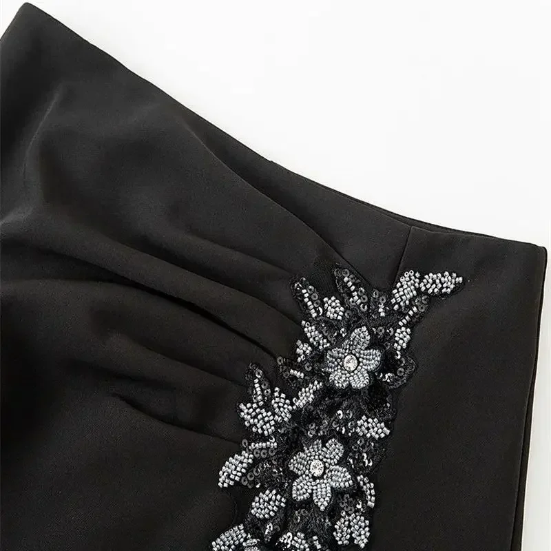 ใหม่หรูหราแฟชั่นกระโปรงผู้หญิงดอกไม้ประดับด้วยลูกปัดเลื่อมเซ็กซี่สูงเอว Slim A-Line Elegant Party กระโปรงคนดัง Midi Faldas