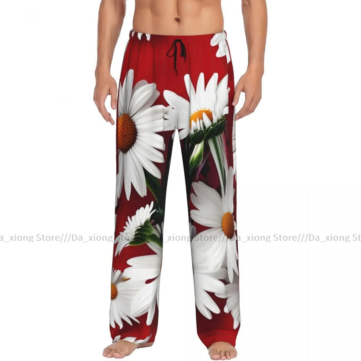 Men's Casual Pajama Sleeping Pants White Daisies Lounge Loose Trousers Comfortable Nightwear