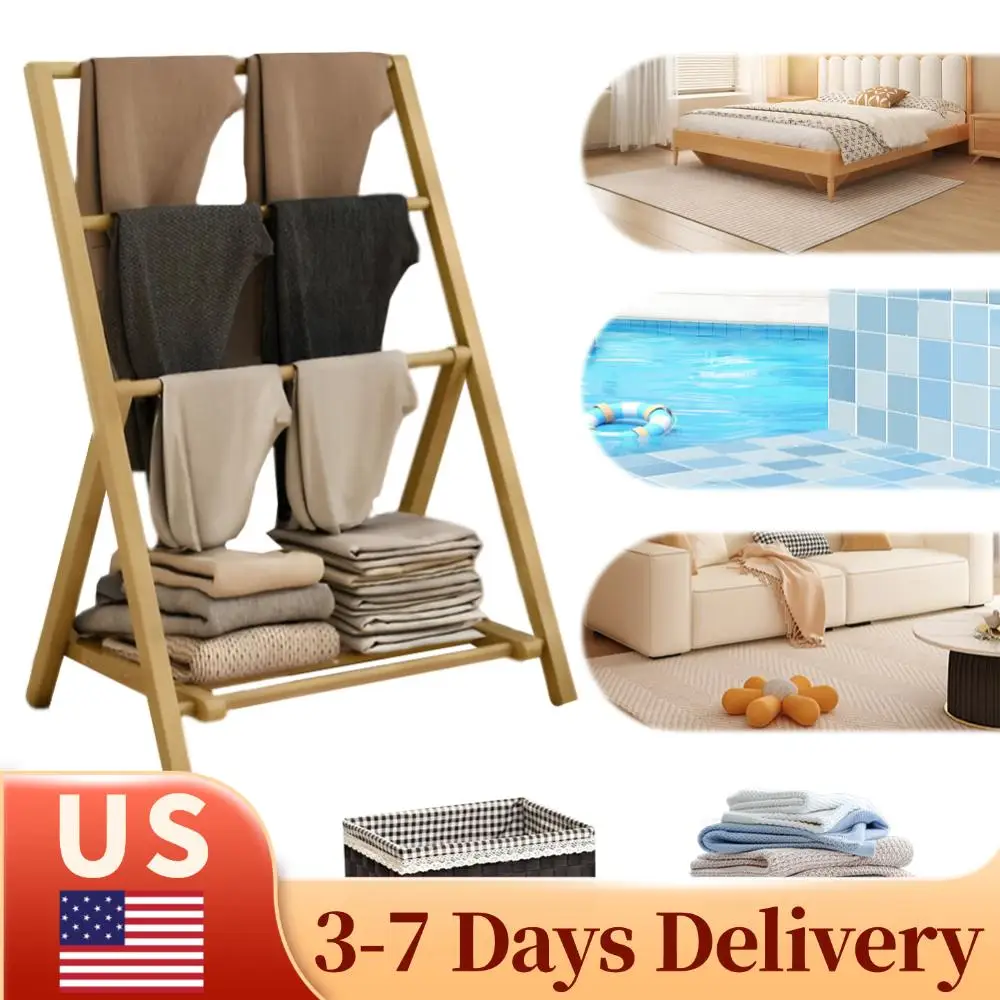 

Bamboo Floor Towel Rack with Storage Shelf Freestanding Wood Hangers Waterproof Foldable Storage Shelf for Home Laundry