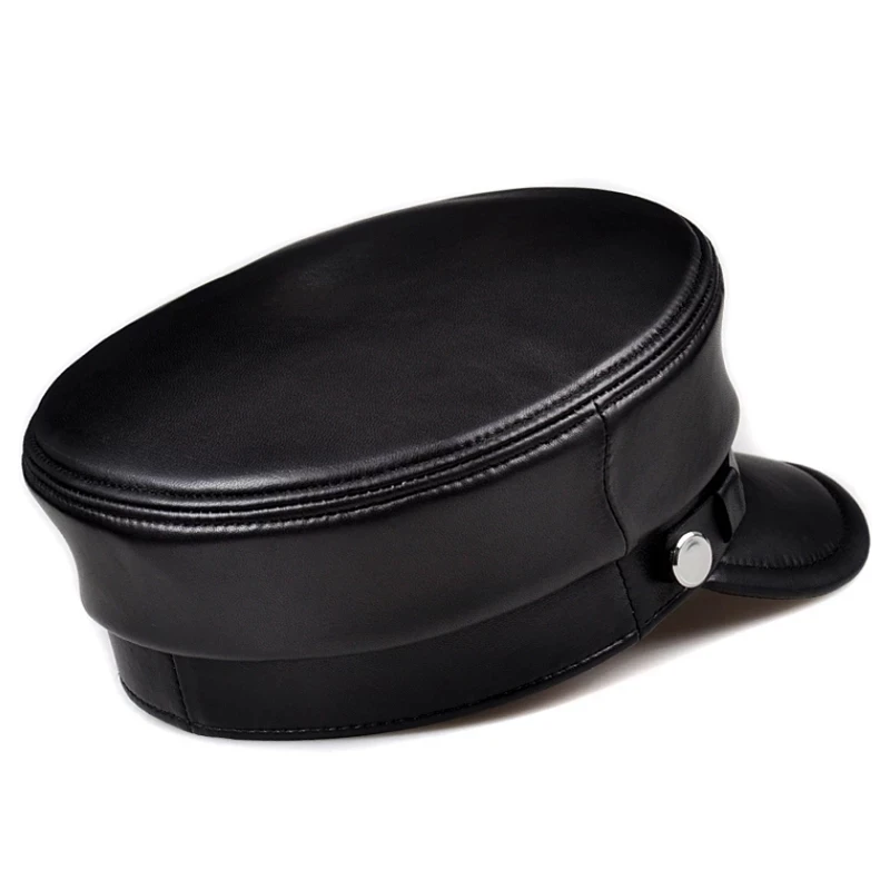 Fashion 2024 Unisex Soft Genuine Leather Hat Women Men Winter Black Patchwork Casual Sailor Cap Student Military Caps