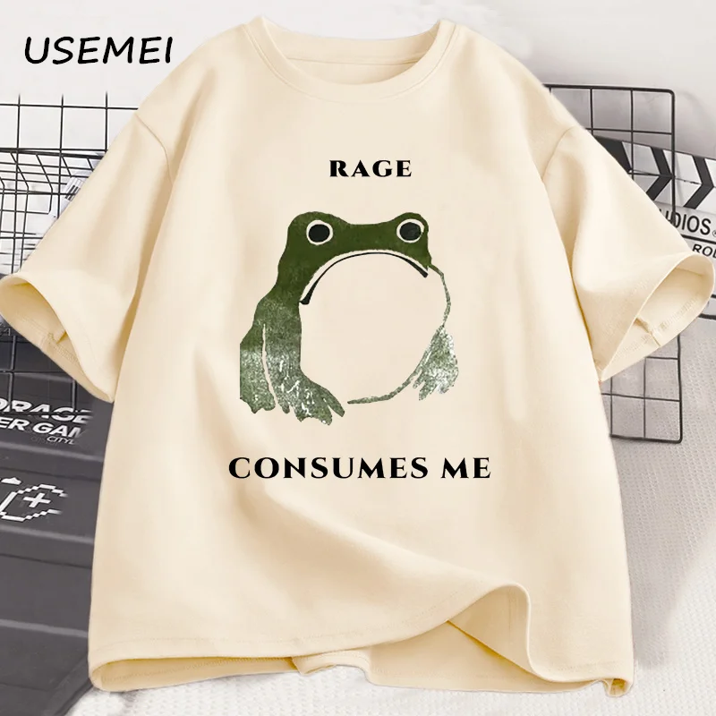 Men's T Shirts Funny Rage Consumes Me Frog Graphic T Shirts Vintage Cotton Short Sleeve Printed T-shirt Mens Clothes Streetwear