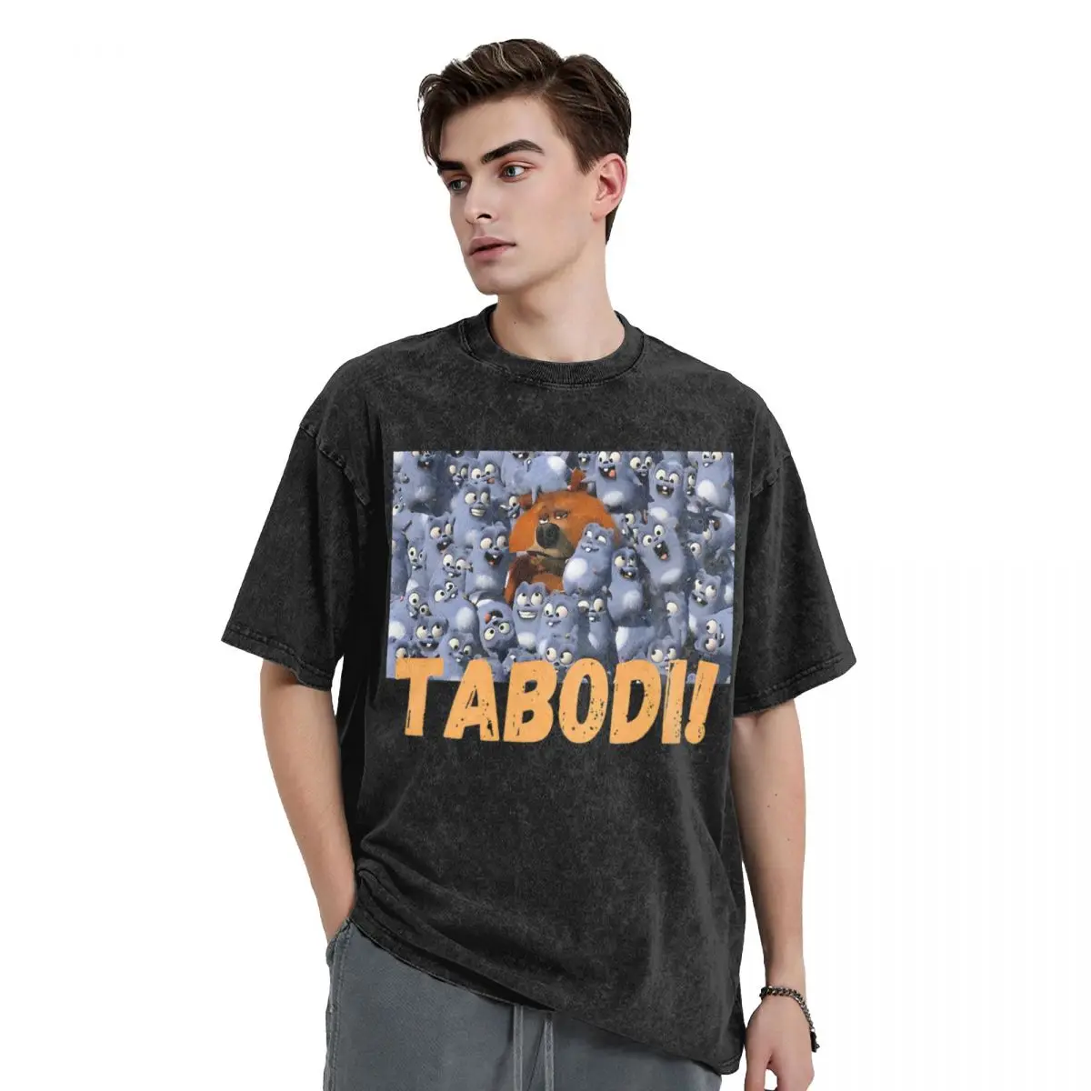 Washed T Shirts Happy Tabodi And Grizzy T-Shirt Oversize Cartoon Anime Streetwear 100% Cotton Summer Top Tee Shirt for Men Women