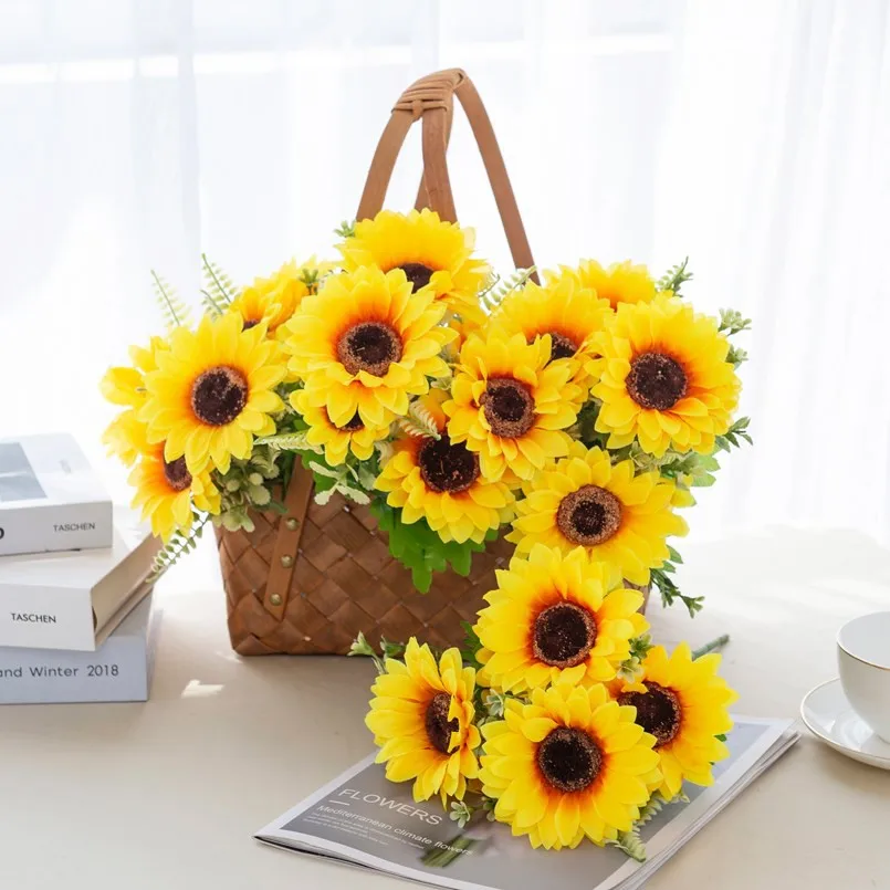 7 künstliche Blumenköpfe aus Seide, Sonnenblume, Hochzeits-Brautstrauß, Festdekoration, Heimdekoration, Garten, Wanddekoration, DIY-Geschenk – Detail 1
