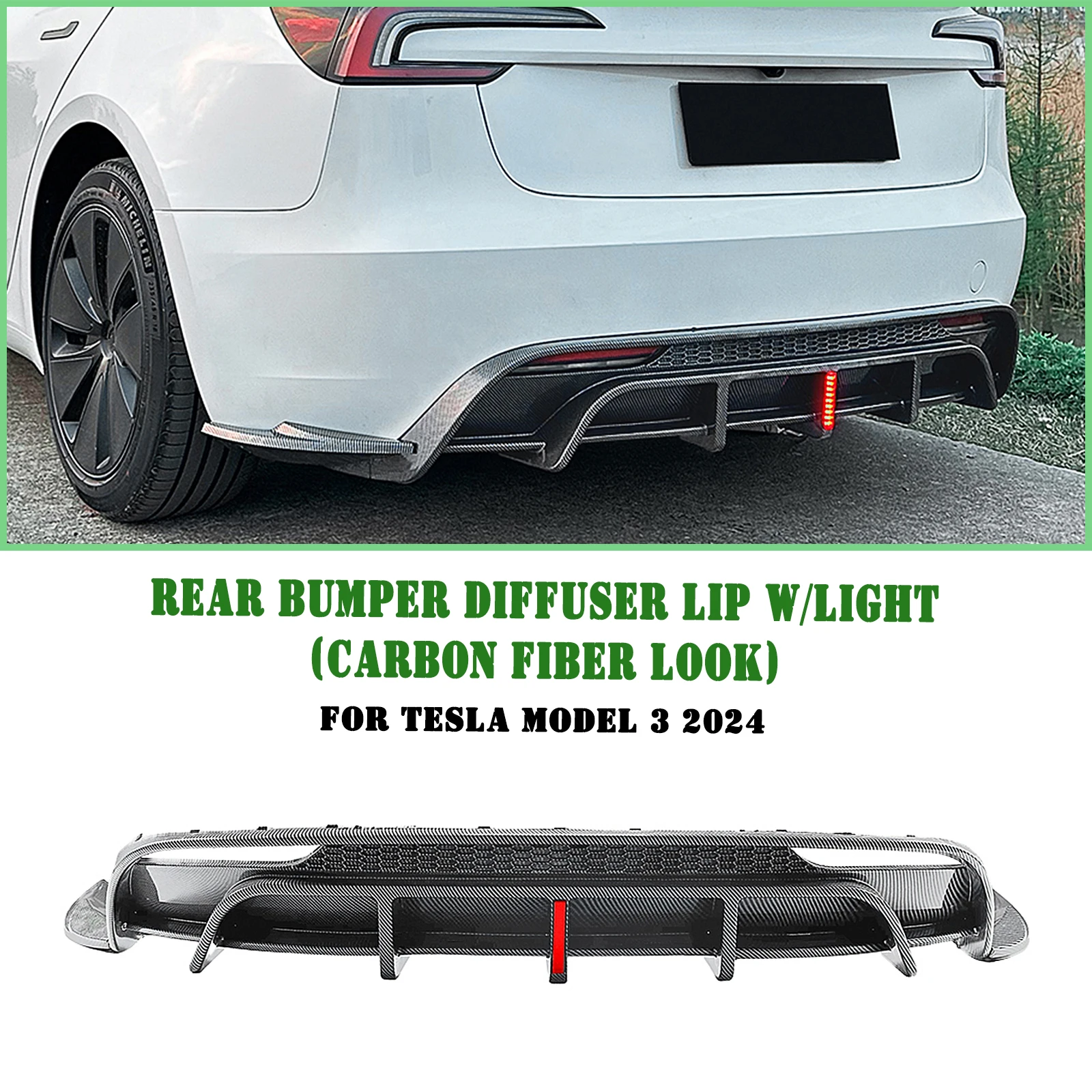 Tail Rear Bumper Diffuser Lip Carbon Fiber Look/Gloss Black Boot Lower Splitter Bracket Protector For Tesla Model 3 2024-2025