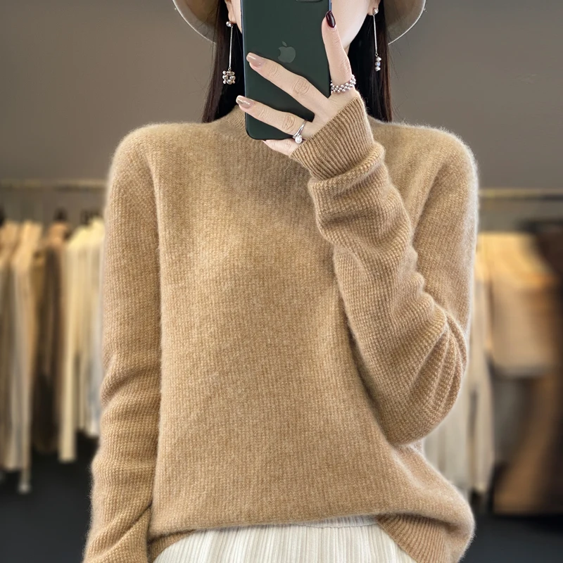 Long-sleeved women's sweater cashmere knitting 100% pure merino sweater autumn and winter new semi-turtle neck