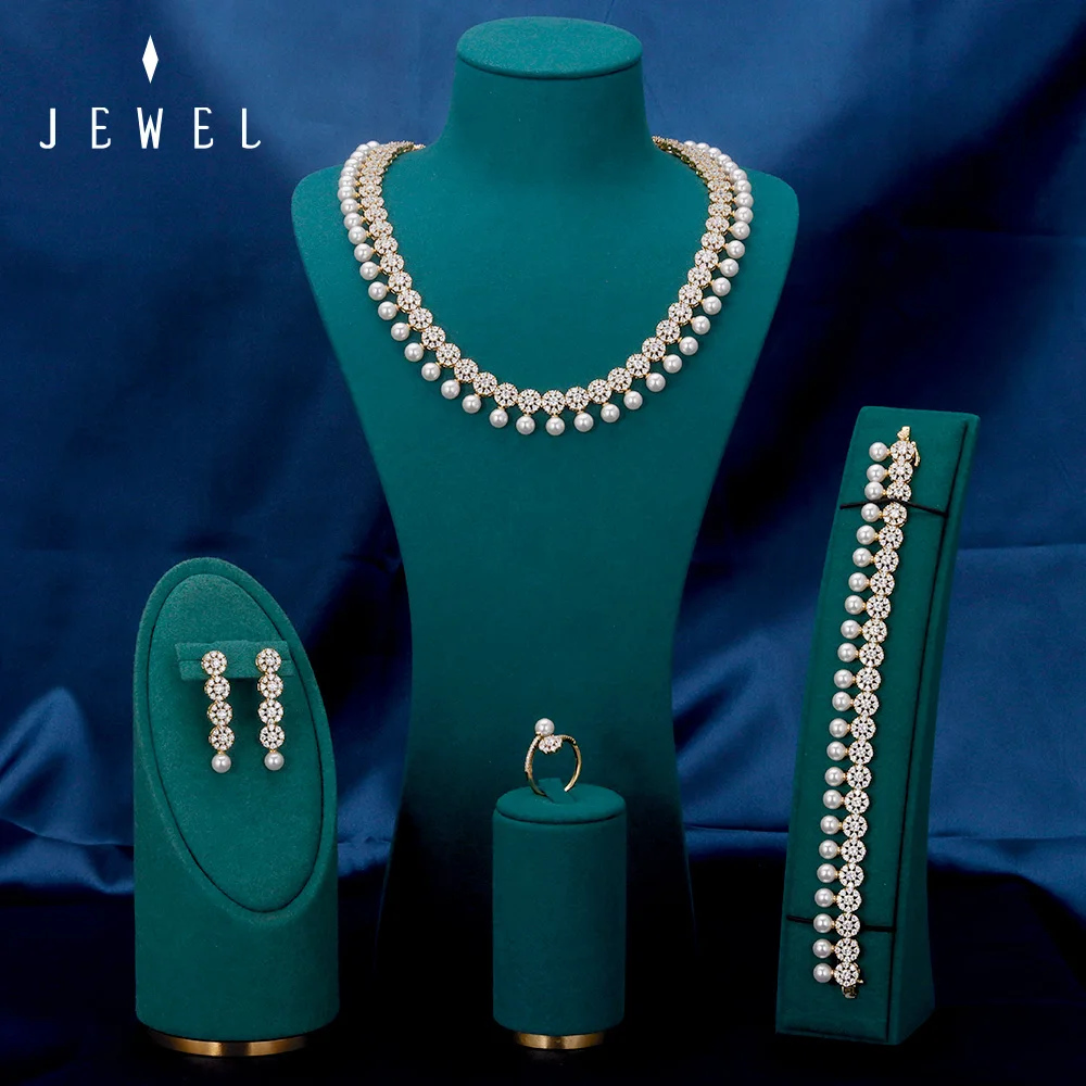 

JEWEL Luxury Cubic Zirconia Pearl Jewelry Sets For Women Crystal Set Wedding Engagement Party Dubai Accessories