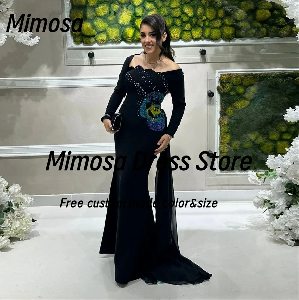 

Черные платья для выпускного вечера Mimosa, Саудовские женщины, вечернее платье с длинными рукавами, расшитое бисером, Vestidos Des Noches по индивидуальному заказу