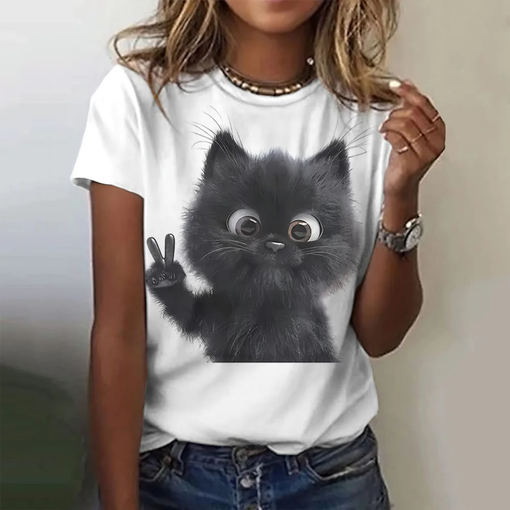 Camiseta feminina com estampa de gato kawaii, blusa em tamanho grande, roupas tendência verão, camiseta feminina de manga curta, nova, Y2K, 2022