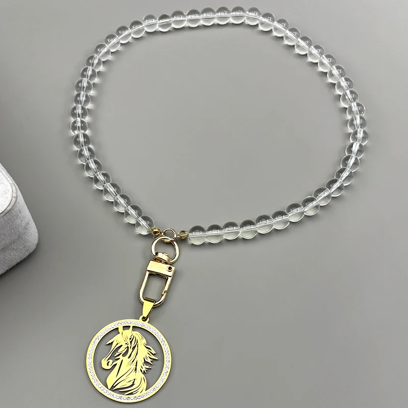 

Hollow Horse Head Rhinestones Pendant Necklace for Women Men Stainless Steel Gold Color Animal Glass Beaded Chain Jewelry Gift