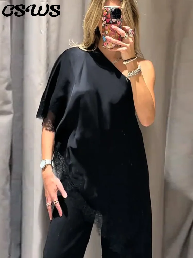 เสื้อเปิดไหล่ผ้าลูกไม้เซ็กซี่สำหรับผู้หญิง สไตล์เรียบหรู ทรงหลวม คอเฉียง แมทช์ได้กับทุกชุด เสื้อผู้หญิง ฤดูใบไม้ผลิ ฤดูร้อน 2026
