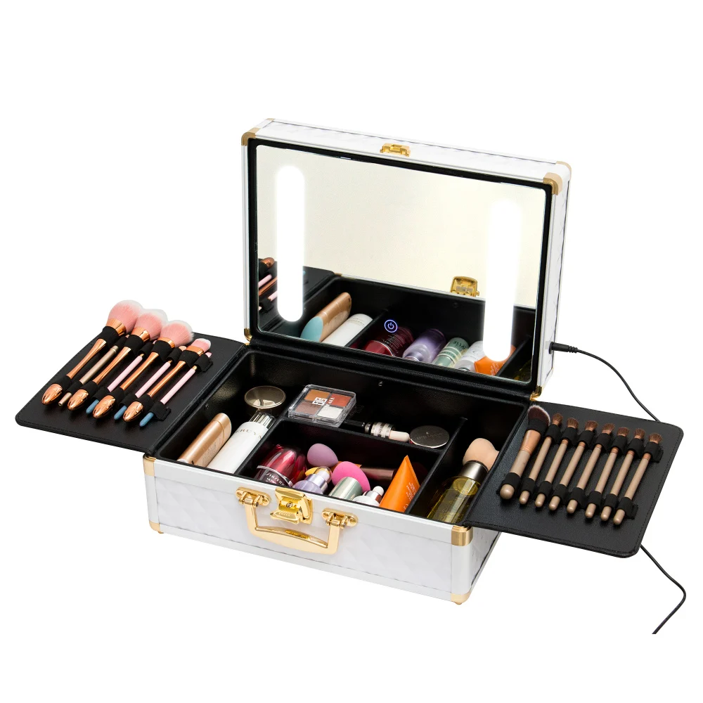 Trousse de maquillage portable avec miroir LED, trousse de maquillage de voyage, boîte d'évaluation cosmétique avec serrures, porte-pinceau, clés de synchronisation, aste