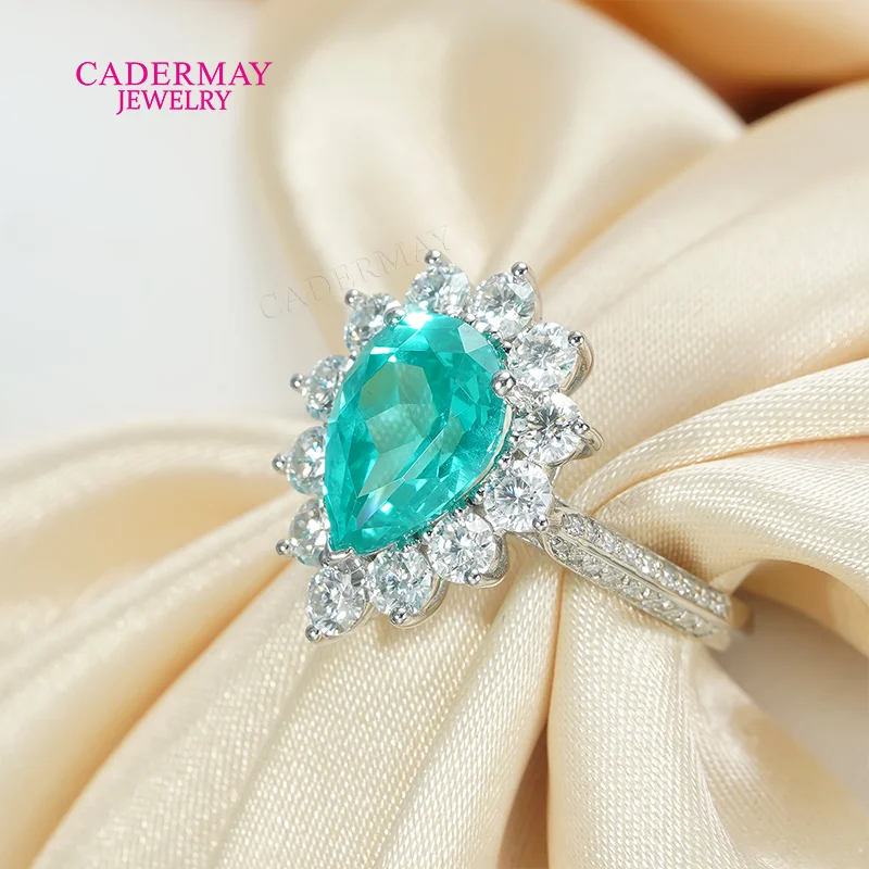 Anillos Paraiba de laboratorio S925, plata S925, 8x11mm, forma de pera, Paraiba YAG con moissanita, anillo de compromiso de boda pavimentado para regalo de mujer
