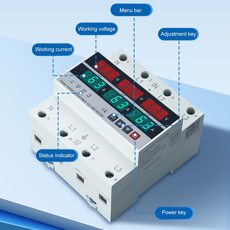 3-fase over- en onderspanningsbeveiliging Verstelbare overstroombeveiliging Din-rail Voltmeter Ampèremeter Relaisbeschermer 63A / 100A