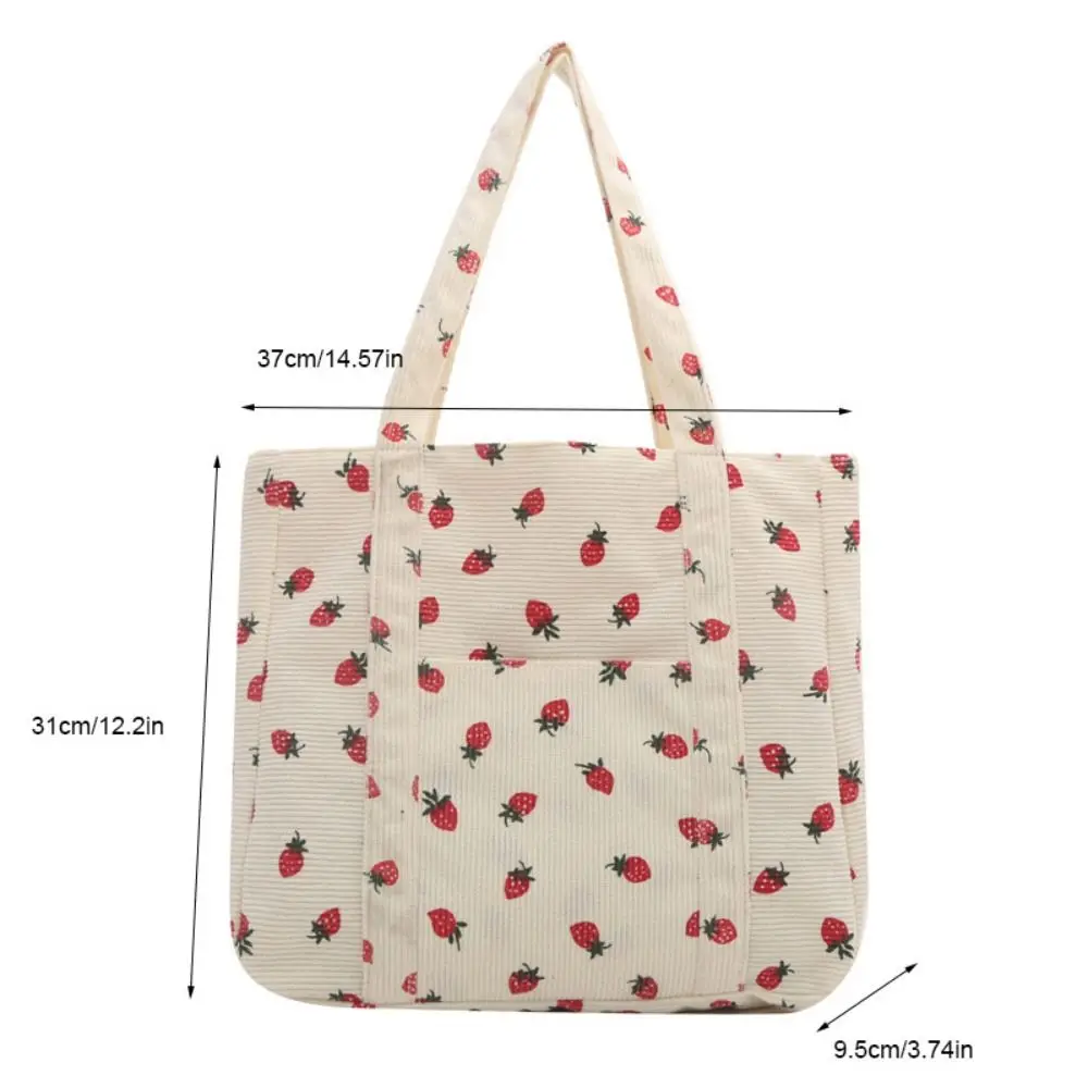 Bolso de mano de gran capacidad con estampado de fresas para mujer, bolsa de hombro, bolso de compras de estilo coreano, bolso de mano de pana