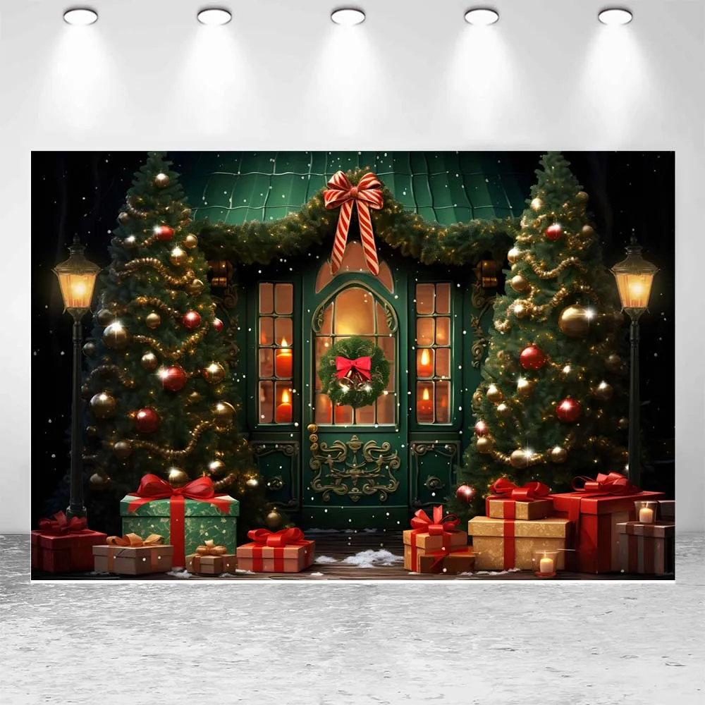 Mocsicka Christmas Backdrop Green Room Xmas Tree Bells Gifts Family Portrait Background Baby Kids Photography Props Photo Studio