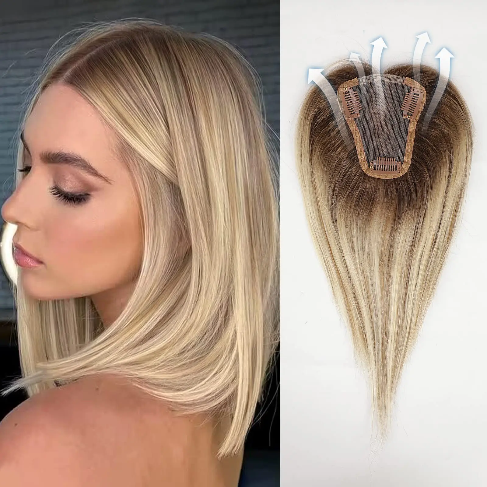 HAIRCUBE 100% Human Hair Toppers Brown Blonde Hairs Topper Silk Base Clip Pieces for Women with Thinning Hair Clip in Toppers