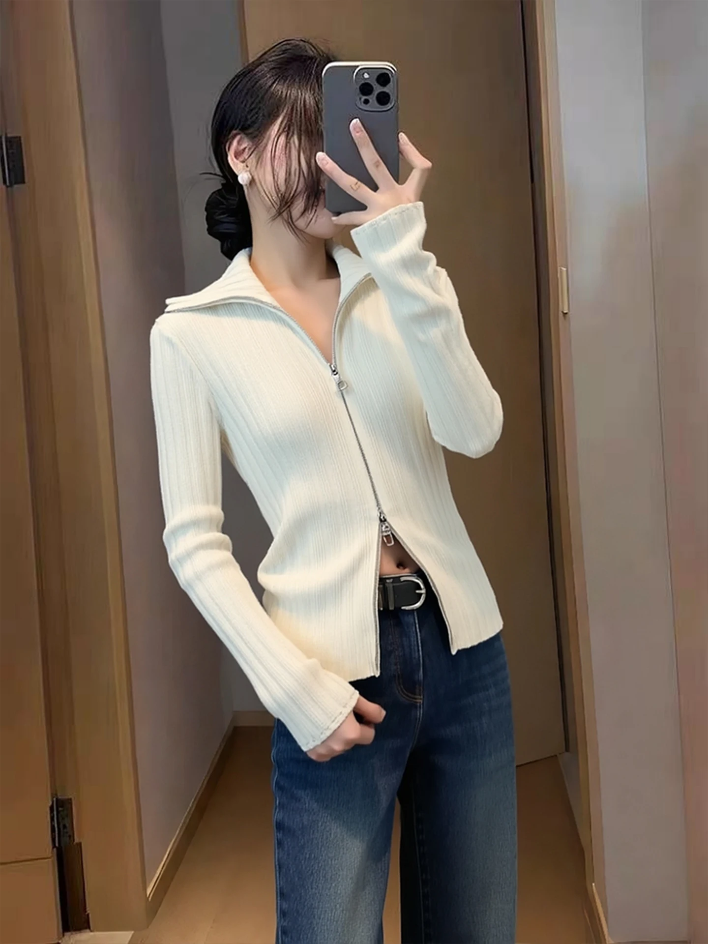 

Double Zipper Camere Knitwear Long Sve Turn-down Collar Slim Fit Inner Wear Faionable Commute Sle Winter 2025
