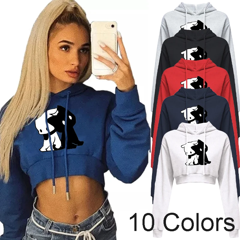 Sudadera corta con capucha para mujer, Top corto informal de manga larga con capucha, suéteres cortos estampados sexys, 10 colores